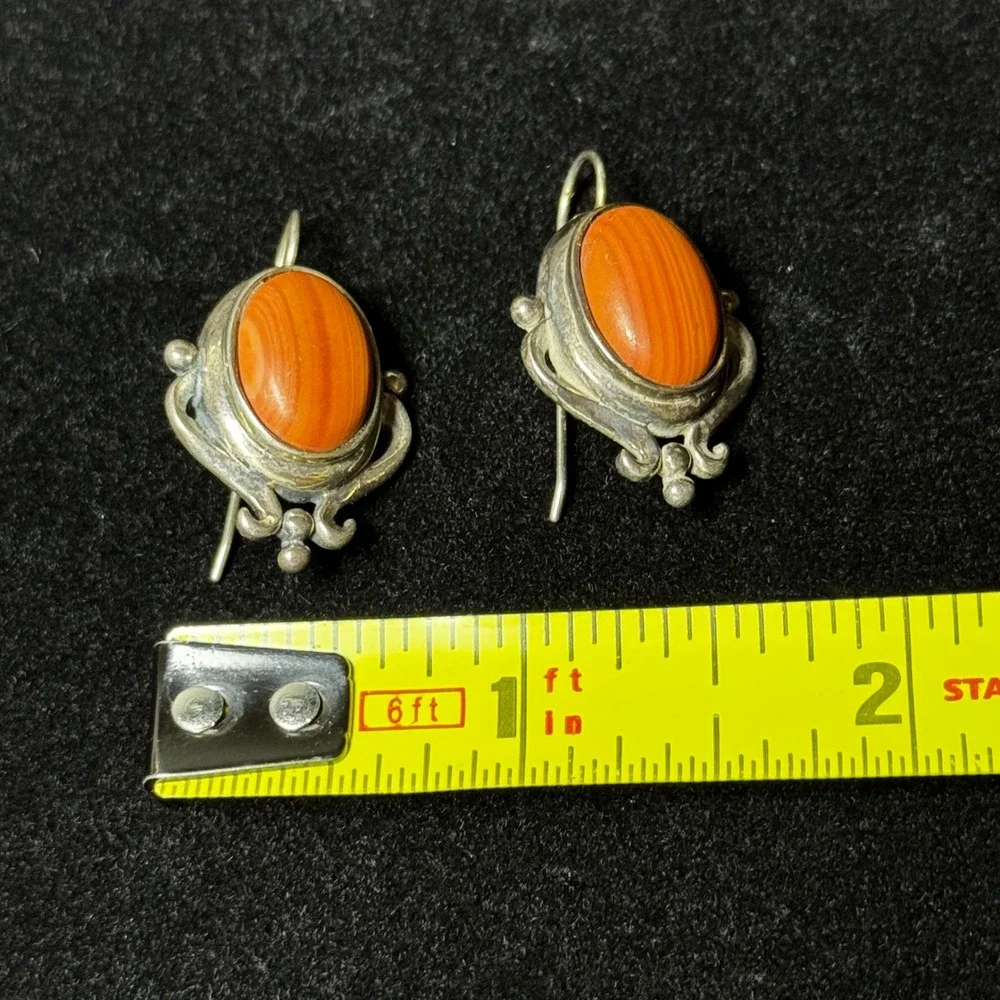Vintage MC 925 Sterling Silver Orange Banded Agate Drop Artisan Earrings - Picture 6 of 7